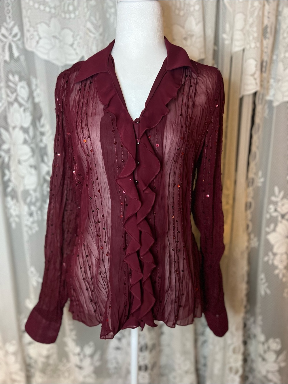 Vintage Reitmans Burgundy Sheer Ruffle-Front Sequin Blouse Medium